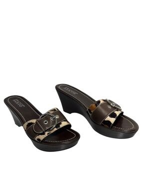 Franco Sarto Brown Tan Black Wedge Sandal Calf Hair Leather Womens size 9.5